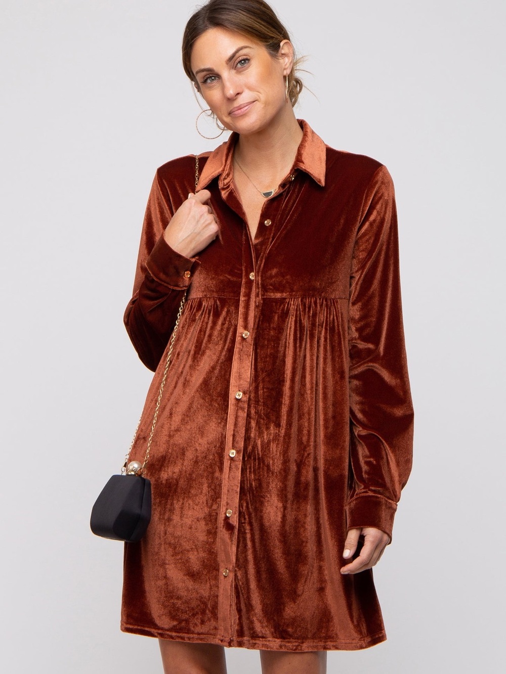 La Miel Rust Velvet Button Down Dress Medium NWOT